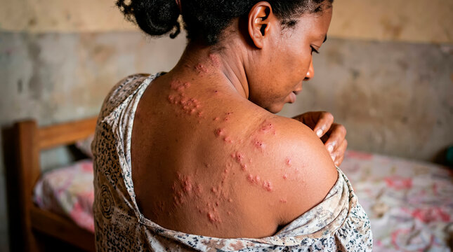 Woman showing mpox rash lesions on back and shoulder