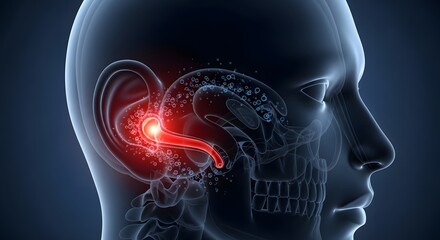 Fototapeta premium Medical 3D Illustration: Human Ear Anatomy with Red Highlight Indicating Pain or Infection