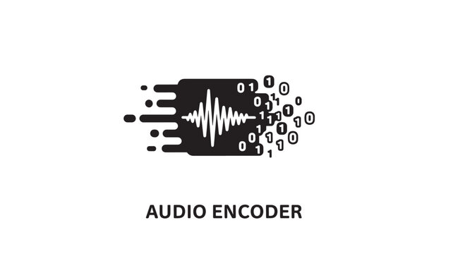 A professional icon of an audio encoder featuring a sound wave and binary code on a sleek black background, ideal for music and technology concepts