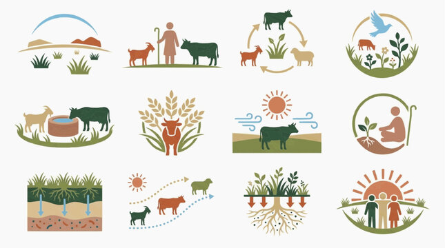 Icon set promoting International Year of Rangelands and Pastoralists, iyrp, highlighting pastoralist sustainability, food security, and rural economy