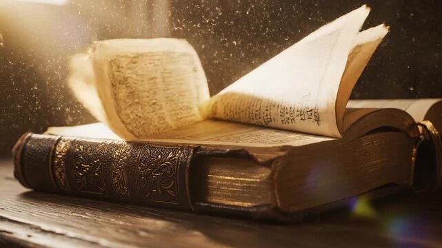 Ancient leather-bound book on wooden desk with dust particles and lens flares in a dimly lit room