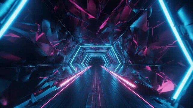 Neon-lit futuristic tunnel with geometric walls and glowing blue and pink lights, conveying a sense of high-tech exploration