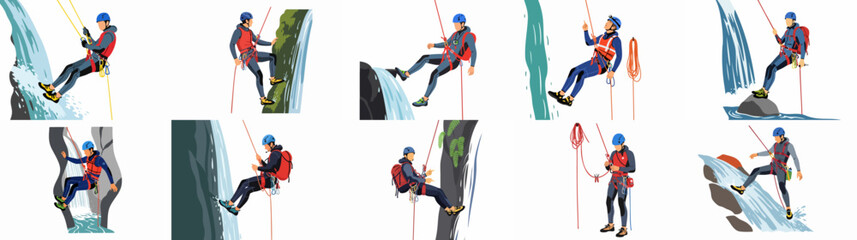 Dynamic illustrations of men canyoning and rappelling down waterfalls and cliffs, showcasing adventure sports, outdoor recreation, and thrill-seeking activities. © Loro