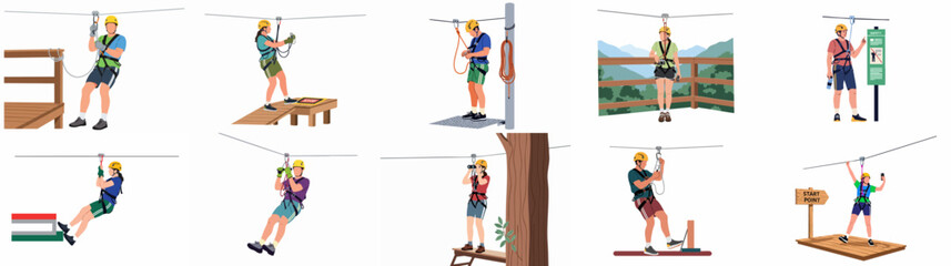 Flat vector illustrations of people enjoying ziplining adventures, showing preparation, safety, and thrilling outdoor recreation. © Loro
