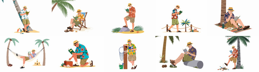 Elderly man enjoying a peaceful tropical beach vacation, reading books in various relaxing poses. © Loro