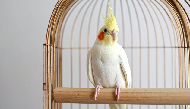 A cute yellow and white cockatiel parakeet with a sharp beak sits on a tropical nature branch outside its cage as an isolated pet bird