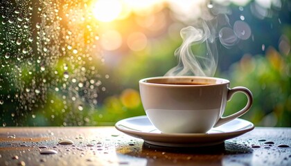 Fototapeta premium A hot morning espresso in a white porcelain mug with a spoon on a saucer sits atop a rustic wooden cafe table