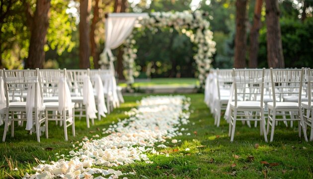 Relax on a white wooden bench set upon a lush green garden lawn surrounded by summer flowers and nature