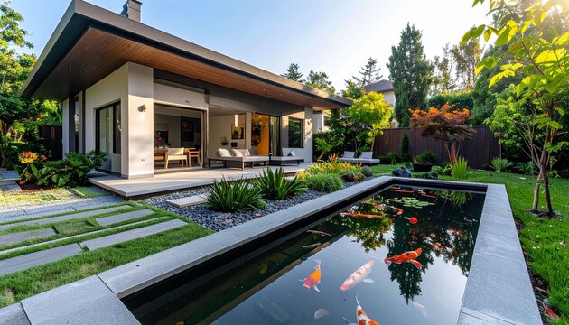 A luxury villa residence features modern architecture nestled by a sunny garden and river under a clear summer sky in Europe