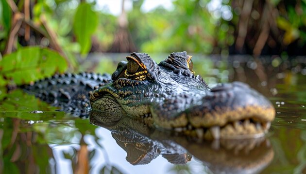 A dangerous wildlife closeup of a toothy reptile predator lurking in the murky Florida swamp water with its head and eye visible above the surface