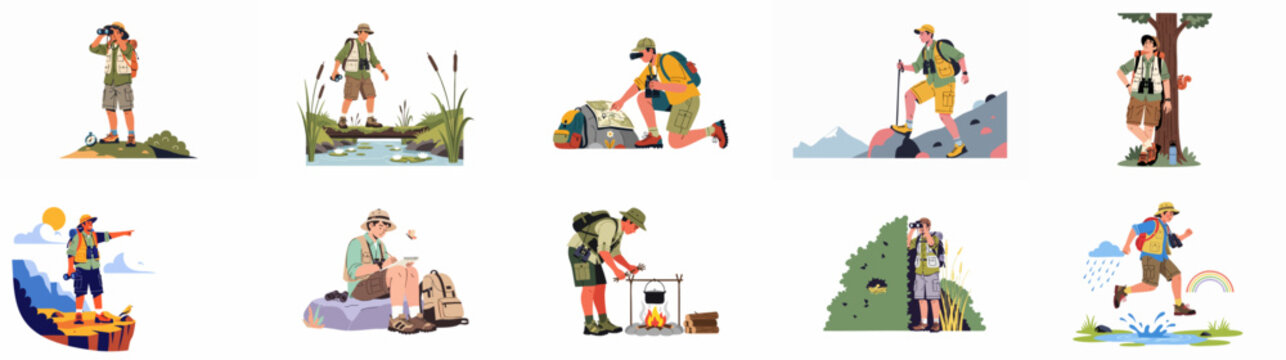 Diverse outdoor adventure illustrations: hikers exploring nature, birdwatching, camping, and trekking in varied landscapes.
