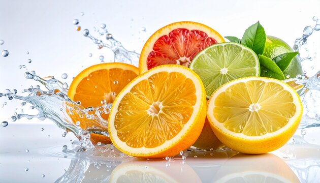 Fresh orange and lime slices splash in water, creating a juicy citrus explosion of healthy organic fruit isolated on white with ripe lemon and half-cut yellow lemons rich in vitamin citric juice