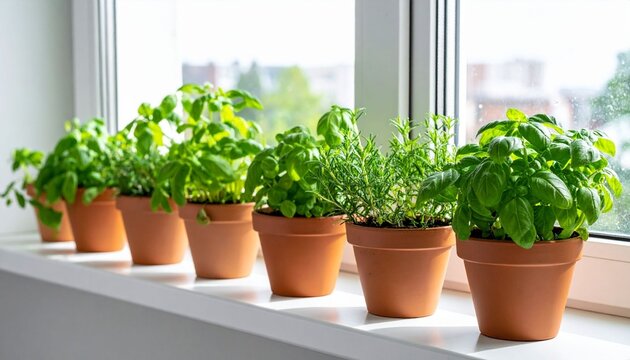 Fresh green basil and flora grow in potted herb gardens on a sunny home window patio during a lush summer bloom