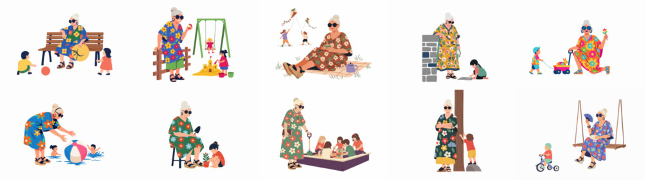 Grandmother and grandchildren enjoying diverse playful outdoor activities together