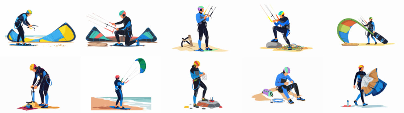 A comprehensive vector illustration set depicting various stages of kitesurfing preparation and activity, featuring athletes with their gear on beaches and shores.