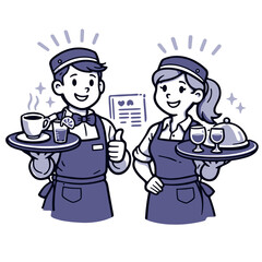 Camarero y camarera sirviendo bebidas en restaurante ilustración estilo cartoon