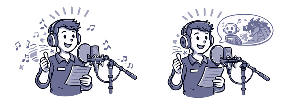 Actor de voz grabando di&aacute;logo en estudio con micr&oacute;fono y auriculares ilustraci&oacute;n cartoon