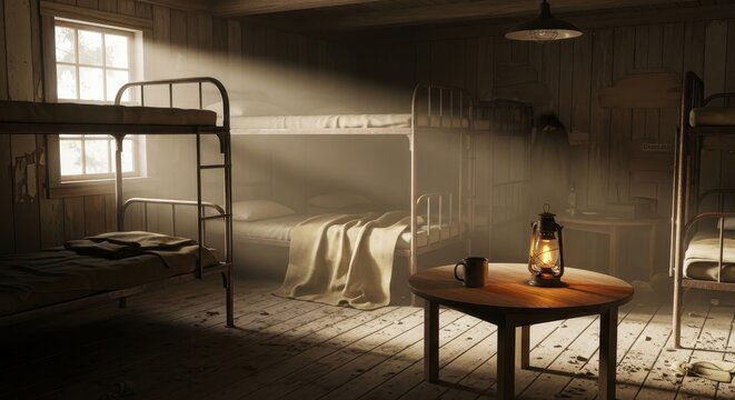 Rustic wooden bunkhouse interior with sunlight streaming through window onto beds and old lantern on table, evoking a sense of history and quiet solitude.