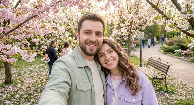 Couple enjoys a spring day in a cherry blossom park while taking a selfie with flowers around them