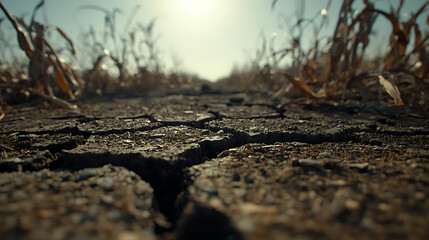 Fototapeta premium Dry cracked earth with withered plants under sunny sky
