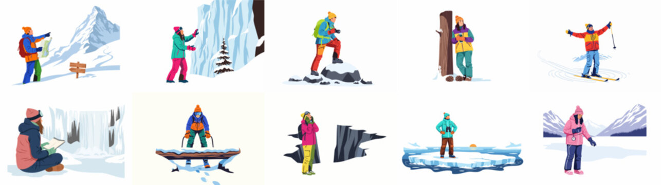 Collection of people enjoying winter outdoor activities like hiking, skiing, and ice exploration in diverse snowy landscapes, showcasing adventure and nature travel.