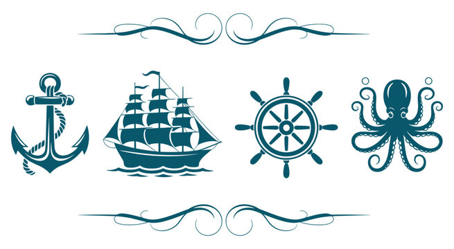 Nautical icon set, anchor, ship wheel, octopus, marine symbols, blue vector icons, maritime illustration, sea graphic collection