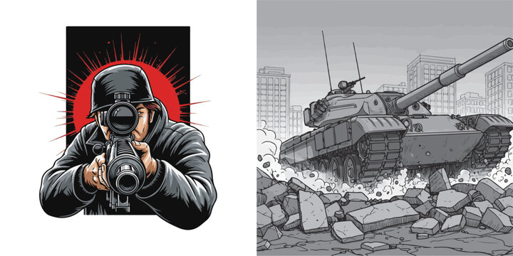 Two gritty combat illustrations: a soldier in a helmet aiming a rifle directly forward against a red burst, and a heavy grey tank crushing through urban rubble in a destroyed city.