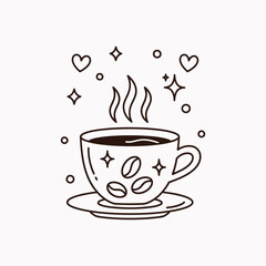 Obraz premium Hot coffee cup with steam and hearts.