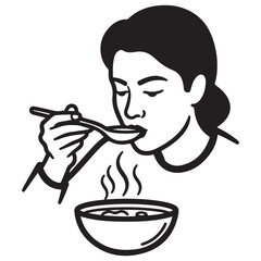 Minimalist black and white line art illustration of a young woman eating hot soup from a bowl with a spoon, steam rising from the dish, depicting a cozy mealtime and healthy eating lifestyle.