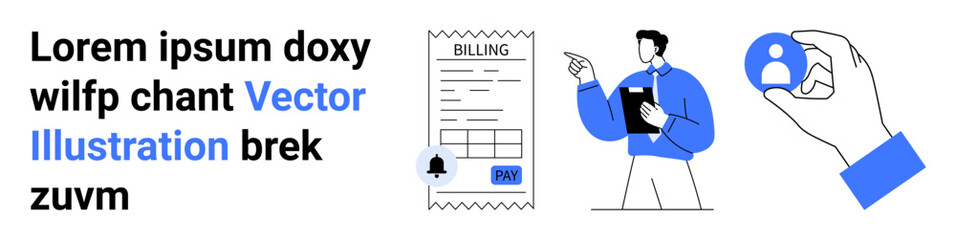Digital services, billing systems, identity management, financial documentation, professional workflows, business tools. Paper invoice with alert, professional holding clipboard, user profile