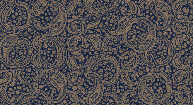 Paisley Pattern - Dark Blue and Gold Floral Textile Design