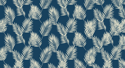 Tropical Palm Leaves Pattern, Navy Blue and Beige - Seamless Repeating Texture © Akil