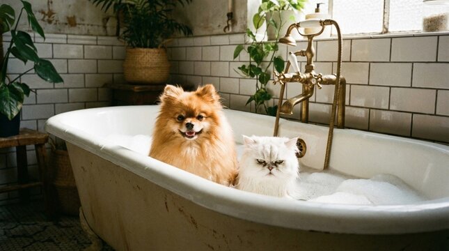  adorable fluffy Pomeranian dog happily enjoys bubble bathtub, alongside a grumpy white Persian cat, funny pet grooming scene with contrasting expressions