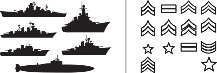 A black and white vector sheet featuring silhouettes of various naval warships and a submarine, alongside a set of military rank insignias including chevrons, bars, and stars. © Muhammad
