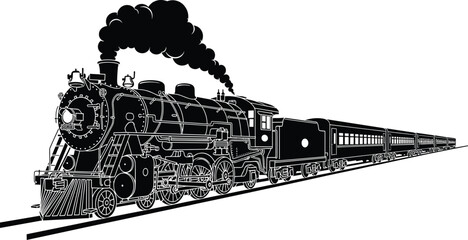 Vintage steam train locomotive silhouette with passenger cars, classic railway transportation engine illustration, retro railroad travel design element © Motakabir