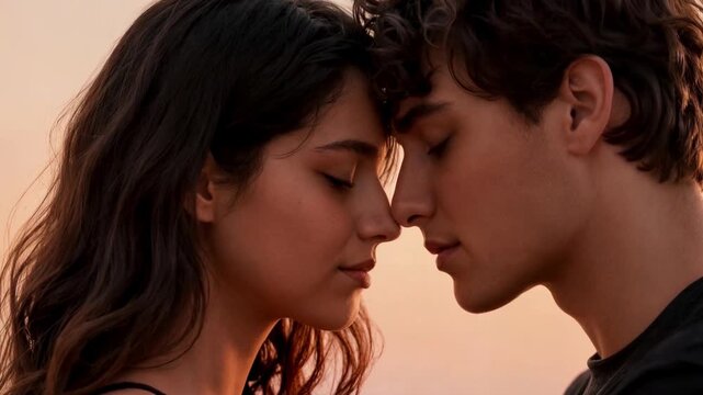 Minimalist Lovers Portrait &mdash; Forehead Touch in Warm Peach Tones