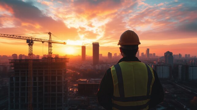 Sunset Over a City Construction Site With a Worker Watching the Skyline