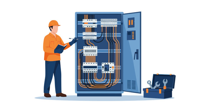 Electrician working on an open electrical panel with tools nearby.