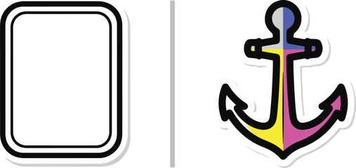 Obraz premium A collection of vector stickers including a blank rounded rectangle frame and a colorful nautical anchor divided into grey, blue, yellow, and pink quadrants.