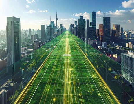 Surreal soccer pitch bridge connecting Toronto, Mexico City, and Los Angeles skylines. Concept for 2026 World Cup unity, North American connectivity, and global sports infrastructure.
