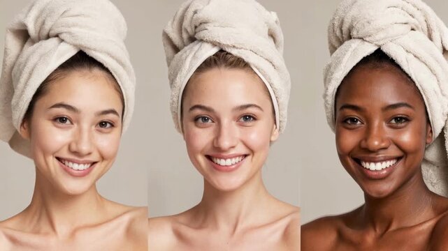 Three Diverse Women with Towel Turbans Showing Radiant Glowing Skin