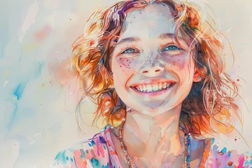 Watercolor painting of a young girl with red hair and freckles smiling © happy_finch