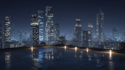 Obraz premium Nighttime cityscape with illuminated skyscrapers reflecting on a wet surface