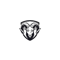 Black and white illustration of a ram's head with curved horns in a shield emblem.