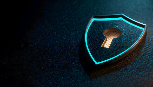 Cyber security shield with glowing blue outline and keyhole