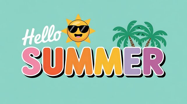 A cheerful greeting card welcoming the arrival of summer with a sun and palm tree.