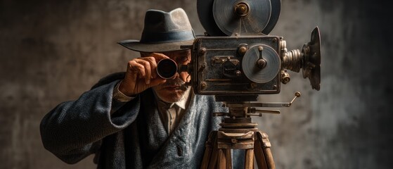 Fototapeta premium Man filming with vintage movie camera cinematic aesthetic retro style composition