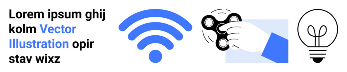 Technology, creativity, leisure, wireless communication, modern tools, personal gadgets. wireless signal, hand with spinner and lightbulb icon. Wireless communication and creativity concepts © robu_s