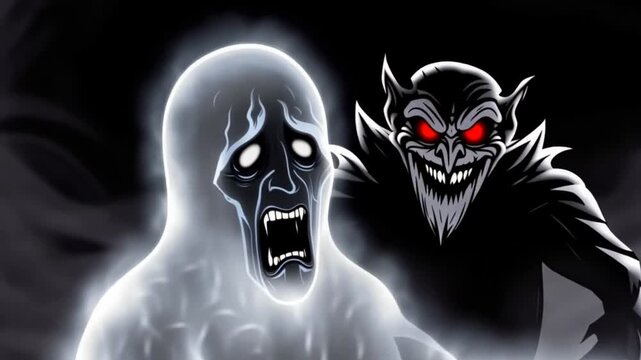 A ghostly ape flees from a demonic creature in a dark cave