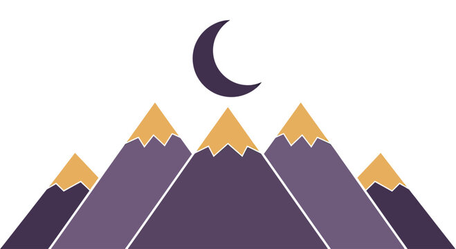 Stylized purple mountains under a dark crescent moon, minimalist landscape